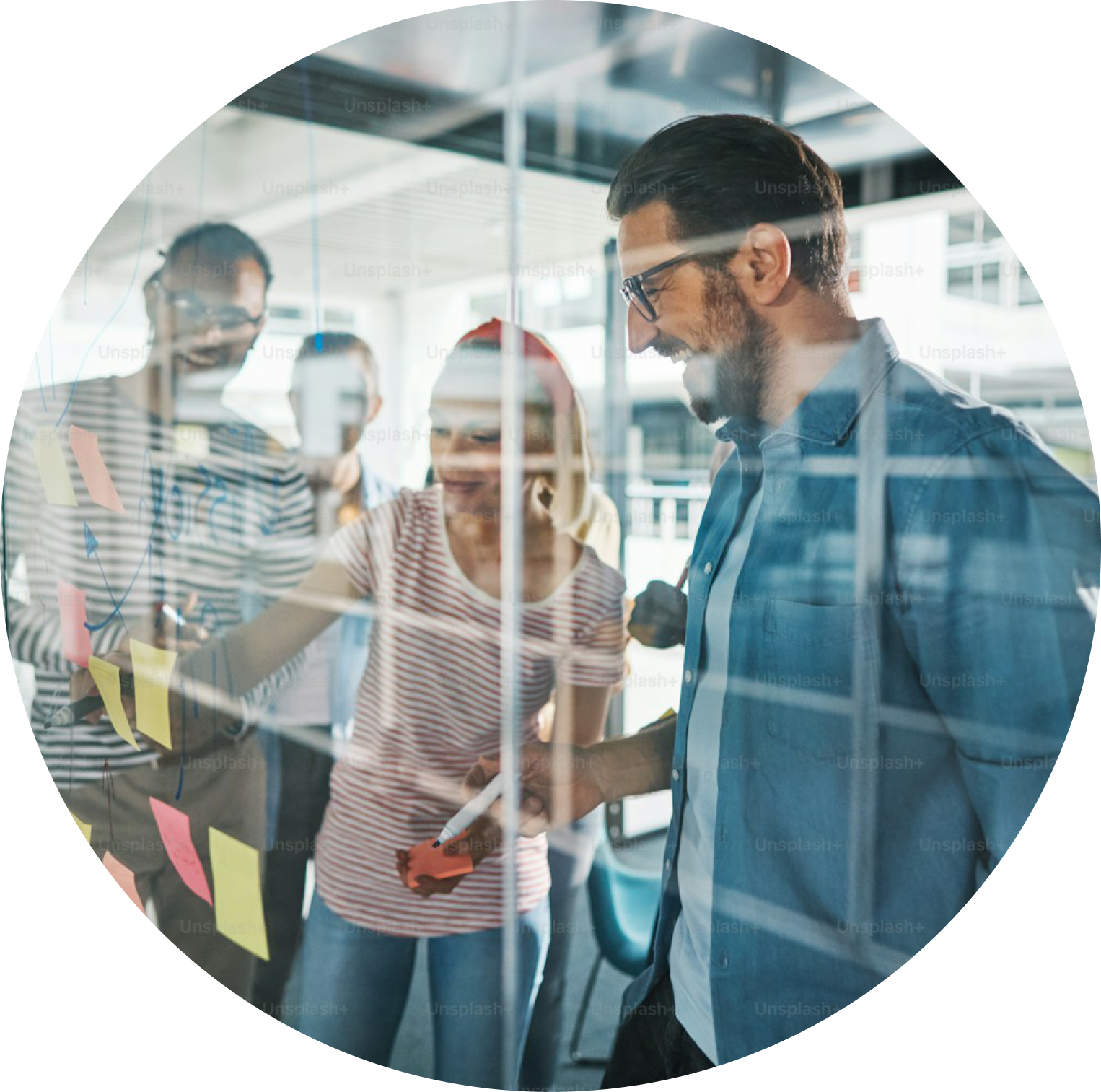 Product team collaborating at a glass board