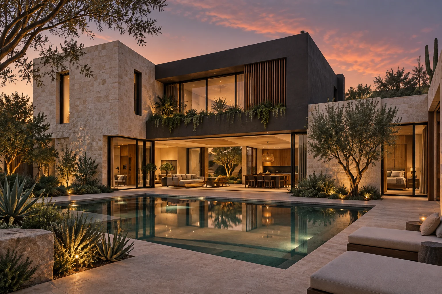 Concept visualization of a contemporary two-story home at sunset