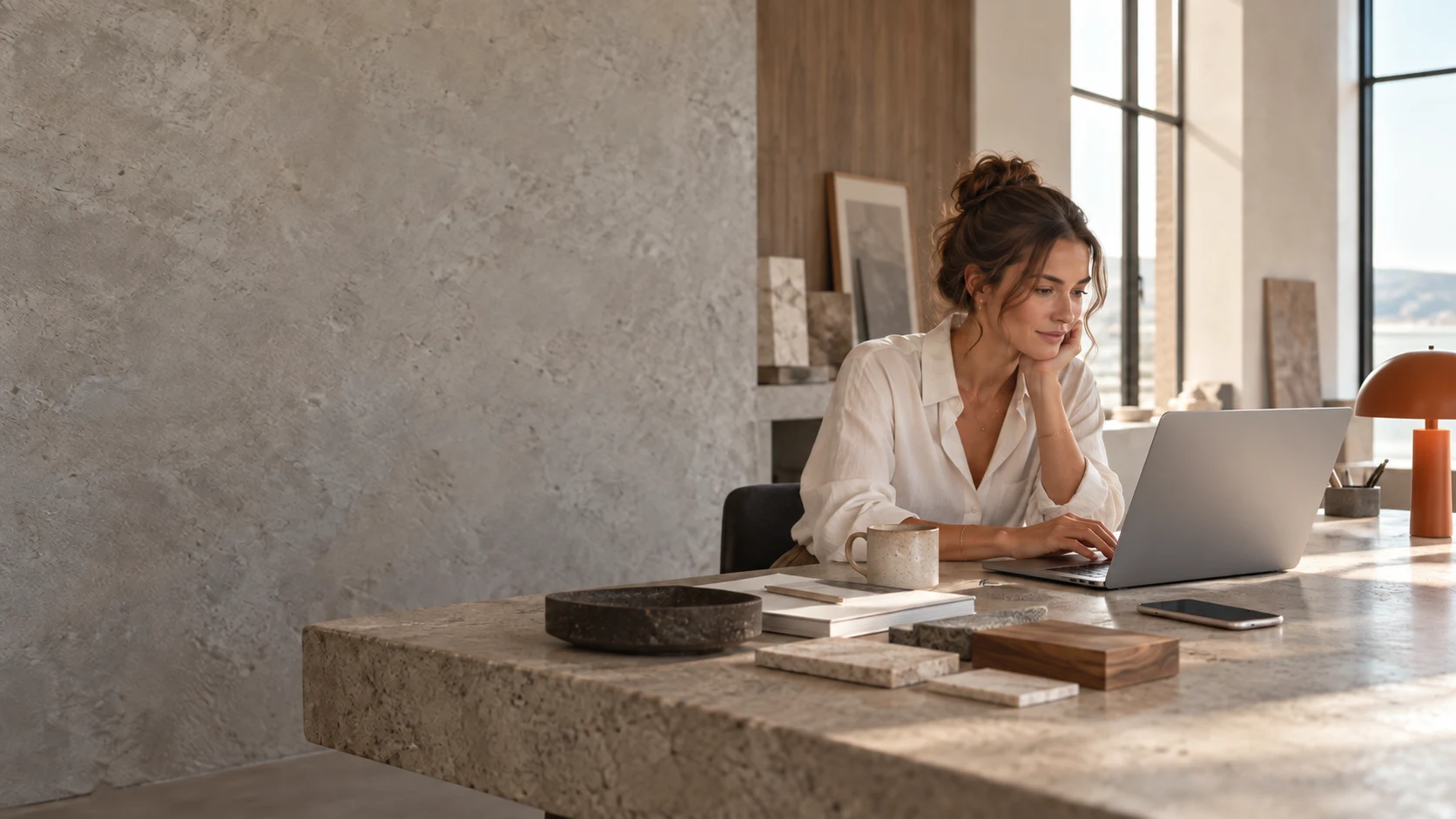 Concept image of a creative professional working on her laptop in a naturally lit studio